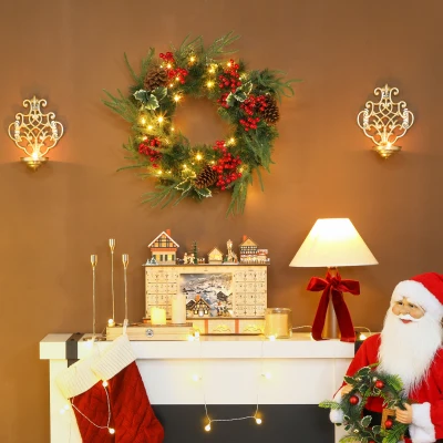 HOMCOM Ghirlandă de Crăciun de 60 cm cu Lumini LED Albe, Coroană de Crăciun cu Temporizator, 170 de Ramuri, Conuri de Pin, Boabe și Vâsc, Decor de Crăciun pentru Ușă și Fereastră, Verde