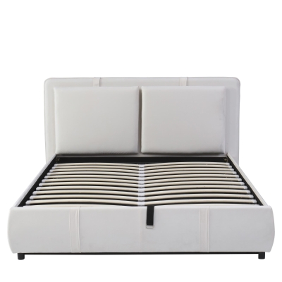 Upholstered Double Bed with Hydraulic Storage and Removable Headboard, Beige