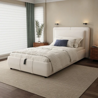 Upholstered Hydraulic Bed with Storage and Removable Headboard, Beige