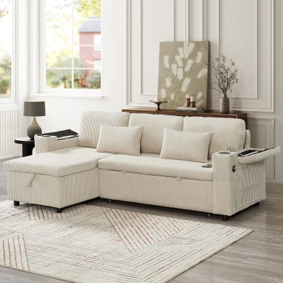 3-in-1 Convertible Corduroy Sofa Bed with Storage and Charging Station, Beige