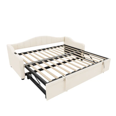 Velvet Upholstered Daybed with USB and Type-C Charging Ports, Beige