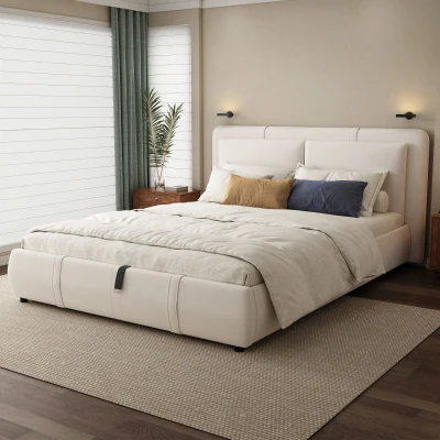 Upholstered Double Bed with Hydraulic Storage and Removable Headboard, Beige