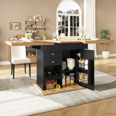 Telescopic Dining Table with Snack Shelf and Wine Rack for 4-6 People, Black+Natural