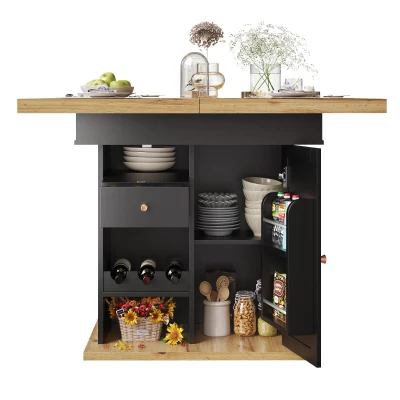 Telescopic Dining Table with Snack Shelf and Wine Rack for 4-6 People, Black+Natural