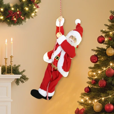 HOMCOM Kerstman 60 cm Zingend en Klimmend Kerstman met Geschenk Touw Soundfunctie Indoor, Rood