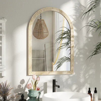 HOMCOM Espejo de Pared Arqueado Espejo de Baño 60x90 cm con Marco de Imitación de Piedra para Salón Dormitorio Entrada Beige