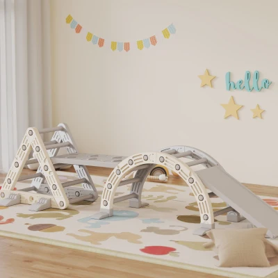 AIYAPLAY Klettergerüst Indoor, 5 in 1 Kletterdreieck mit Rutsche, Kletterbogen, inkl. doppelseitige Rampe, Spielplatz Indoor für Kinder 18-48 Monate, Grau+Weiß