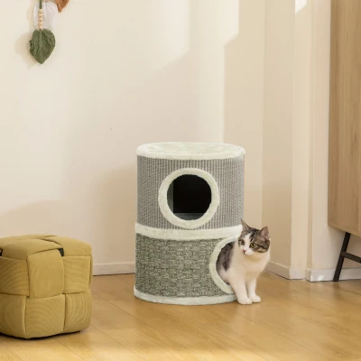 PawHut Kratztonne, 49 cm hoch, Ø35,5 cm zweistöckige Katzentonne mit Plüschrand Kratzmatte, 2 Höhle Khaki+Kaffee