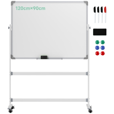 HOMCOM Magnetisch Whiteboard, 120 x 90 cm, Draaibaar, Mobiel, Incl. Markers & Wisser, Metalen Frame, Wit