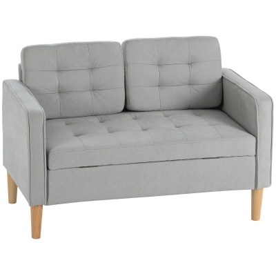 HOMCOM Zweisitzer-Sofa mit Stauraum, Knopfheftung, Kissen, Kautschukbaumholz, 117x62x78cm, Hellgrau