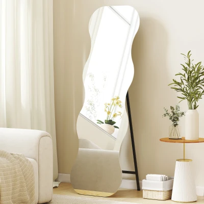 HOMCOM Espejo de Pie Cuerpo Entero sin Marco Espejo de Pie Forma Ondulada con Soporte y Base de Madera 50x2,7x160 cm Negro