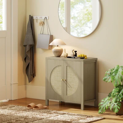 HOMCOM Aparador de Cozinha com 2 Portas de Vime Sintético Móvel Auxiliar de Cozinha com Prateleira Ajustável 75x38x77 cm Madeira