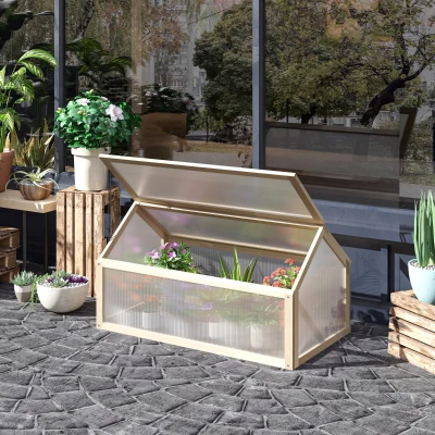Outsunny Mini-broeikas, Compacte plantenkas van hout, Polycarbonaat platen, Ventilatieopening, 90L x 52B x 49,5H cm, Natuur
