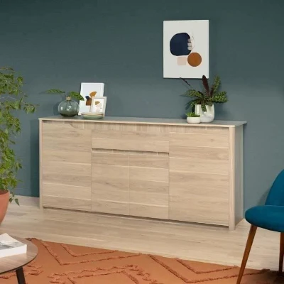 Buffet bas - Panneaux de particules - Décor chene dakota - 4 portes + 1 tiroir - Betty - L 185 x P 46 x H 85,5 cm