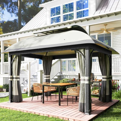 Outsunny Tuinpaviljoen, 3,3 x 4 m Partytent met Netgordijnen, Dubbeldeks Dak, Kunstleder Coating, Metalen Frame, Lichtgrijs