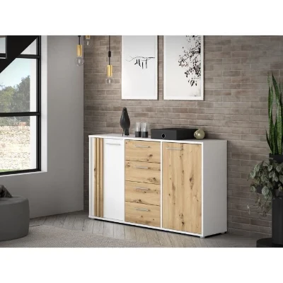 Buffet CARDIGAN 2 portes, 4 tiroirs - Décor chene artisan et blanc - L142,6 x P34,2 x H82,3 cm - Poignées en métal effet aluminium