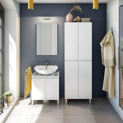 Meuble de salle de bain - double colonne - Blanc brillant - 4 portes - L60 x P35 x H182 cm - DESTAL