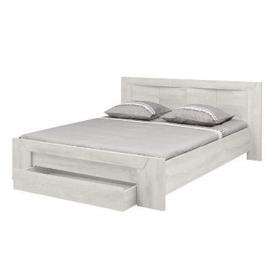 Lit adulte EDEN 160X200 cm - Bois et chene blanchi - 1 tiroir + 6 niches - Tete de lit incluse - GAMI