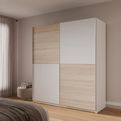 Armoire 2 portes coulissantes - Panneaux de particules - Décor chene et blanc - L 170,3 x P 61,2 x H 190,5 cm - ULOS