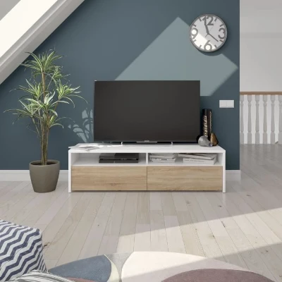 Meuble TV - KIOTO - Blanc Artik / Chene Canadien - 2 portes - 2 niches - 130 x 42 x 36 cm
