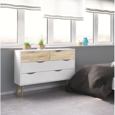 Commode 4 tiroirs - Blanc / Chene - Pietement évasé en bois massif - 98,7 x 39,1 x 81,7 cm ARO