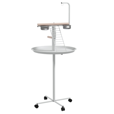 PawHut Comedouro para Pássaros em Pé Ø60x138 cm com 4 Rodas 2 Recipientes de Aço Inoxidável e 2 Poleiros Branco