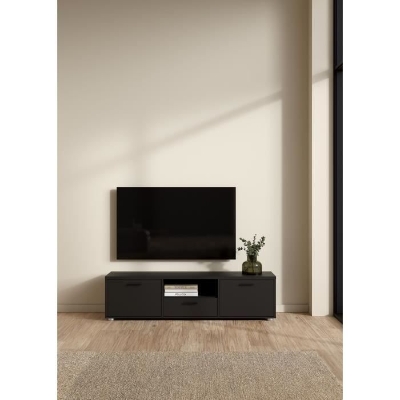 Meuble TV - MEDIA - Noir mat  - 2 portes, 1 tiroir - 147,2 x 39,8 x 38,4 cm