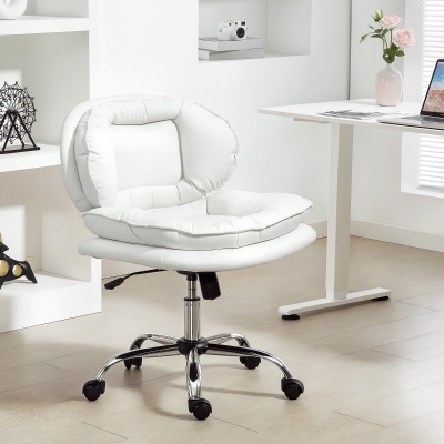 HOMCOM Silla de Oficina Piernas Cruzadas con Asiento Ancho Ruedas Altura Ajustable Doble Acolchado Función Basculante Blanco