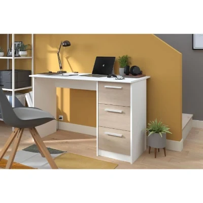 Bureau droit ESSENTIEL - 3 tiroirs - Décor chene et blanc - L 121,2 x P 55 x H 74,5 cm - PARISOT