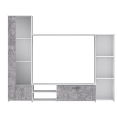 Meuble TV paroi murale - Blanc mat et béton clair - porte vitrée + 5 niches - Contemporain -  L 220,4 x P41,3 x H177,5 cm - PILVI