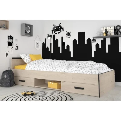 Lit enfant PARISOT Zodiac -  90x200 cm - Panneaux de particules -  Décor chene et noir  - Rangement