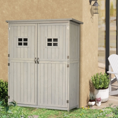 Outsunny Armario de Madera para Exterior para Herramientas de Jardinería con Doble Puerta y Estantes 127,5x50x164 cm Gris