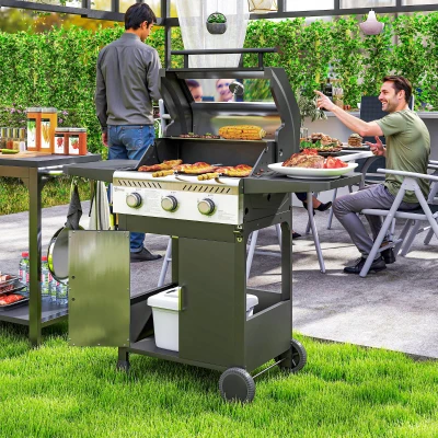 Outsunny 3-Burner Gas BBQ Grill with Lid - Black