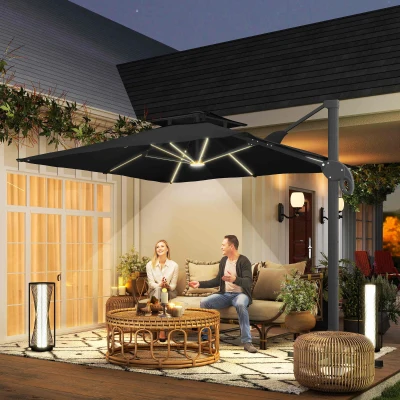 Outsunny Parasol Déporté LED Pivotant 3x3m Polyester Gris