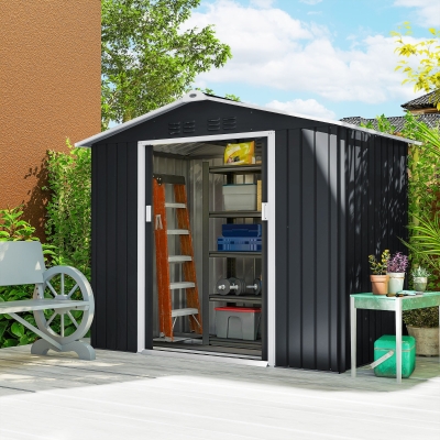Outsunny Abrigo de Jardim 2,42 m 213x130x185 cm Abrigo de Jardim Metálico para Armazenamento com 2 Portas Deslizantes e 4 Janelas Cinza Escuro