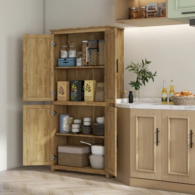 HOMCOM Alacena de Cocina con 4 Puertas de Ratán y Estantes Ajustables Estilo Bohemio Natural 80x33x162,6 cm