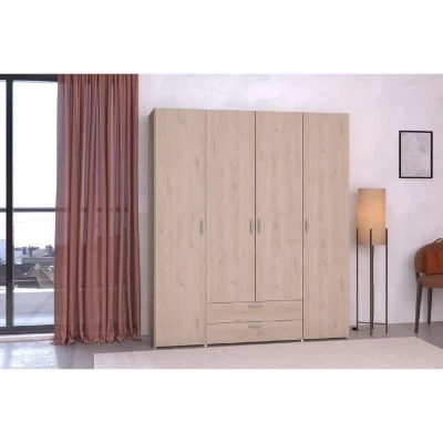Armoire chambre VARIA - Décor chene - 4 portes  battantes + 2 tiroirs - L 159,9 cm x P 51,3 cm x H 185 cm