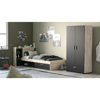 Lit enfant LIFE - 90x190/200  - Rangements - Décor Chene et noir - DEMEYERE - Fabriqué en France