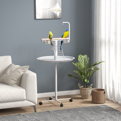 PawHut Comedero para Pájaros de Pie Ø60x138 cm con 4 Ruedas 2 Cuenco de Acero Inoxidable y 2 Perchas Blanco