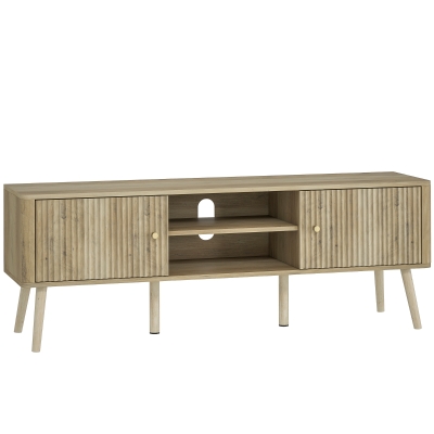 HOMCOM Mueble TV, mueble televisor de hasta 65 pulgadas con 2 puertas, 2 compartimentos abiertos, estante ajustable, 140x35x49cm, roble