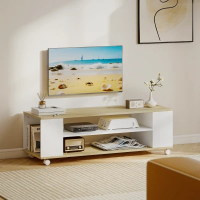 HOMCOM Mueble de TV Flotante y Ruedas con 2 Estantes para Televisores de hasta 55 Pulgadas 120x40x38,5 cm Blanco