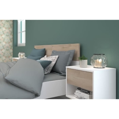 Ensemble Lit 160 x 200 cm + 2 chevets - AALBORG - Scandinave - Blanc / Chene - PARISOT
