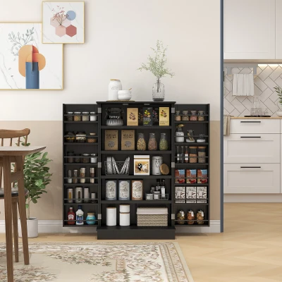 HOMCOM Küchenschrank Speisekammer Küche mit 2 Türen und 16 Regalen Moderner Vorratsschrank mit verstellbaren Regalen 60x30x104cm Schwarz