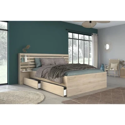 ESCALE Lit adulte 140x190 / 200 cm - Tete de lit + 2 tiroirs - Décor chene du Japon - PARISOT