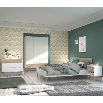 Chambre complete - AALBORG - Scandinave - Blanc / Chene - Lit 160 x 200 cm, 2 chevets, commode, armoire - PARISOT