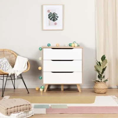Commode 3 tiroirs - Décor chene et blanc mat - Pieds en massif - Scandinave L 80 cm - VANKKA