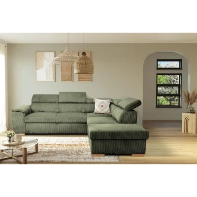 Canapé d'angle convertible réversible - 5 places - DAYTONA - Velours Kaki - Coffre de rangement - L260 x H94 x P216 cm