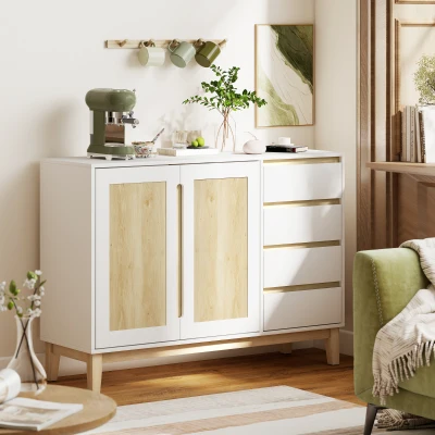 HOMCOM Buffet, Aufbewahrungsmöbel mit 2 Türen und 4 Schubladen, verstellbares Regal, 120 x 40 x 86 cm, Weiß und Eiche