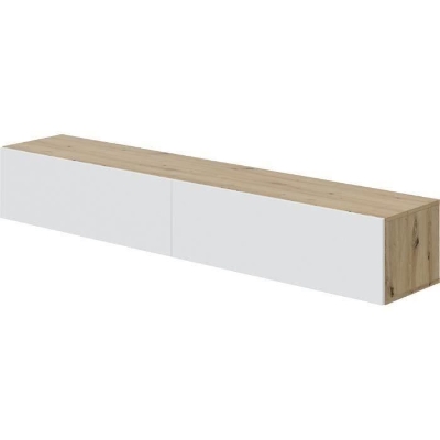 Meuble TV suspendu - L 180X P 28X H 35 cm KAWAY - Décor blanc et chene - 2 Portes abattantes