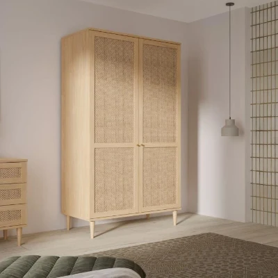 Armoire de chambre - 2 portes battantes - Décor Chene - Cannage - L110 x H208 x P54 cm - CALASETTA